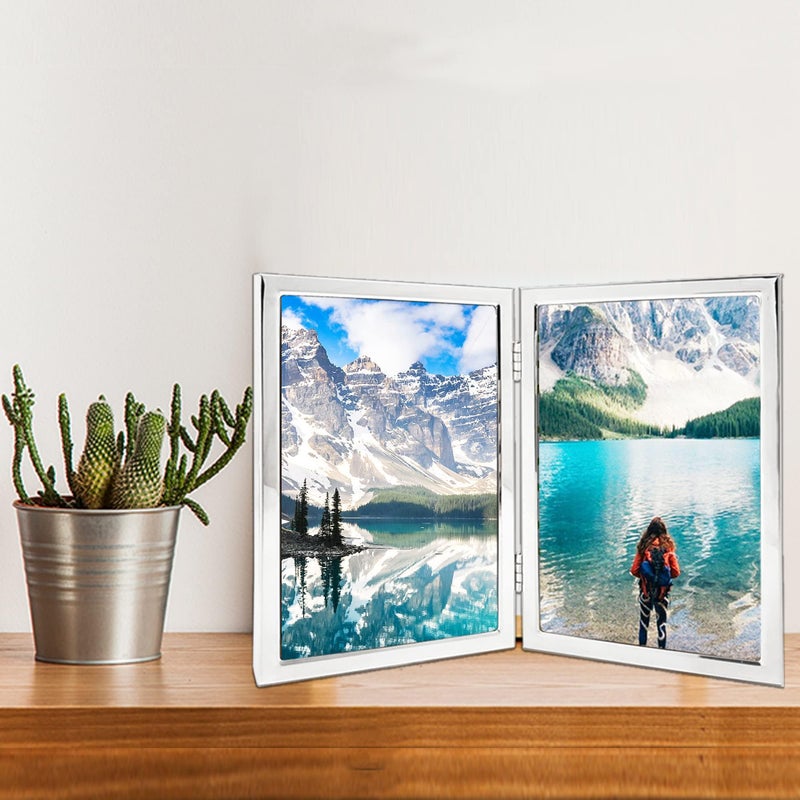 DECANIT 5x7 Picture Frame Double Hinged Silver Metal Thin Edge Frame with High Definition Glass Front Folding Frames Stand Vertically on Tabletop,Silver - Image 3